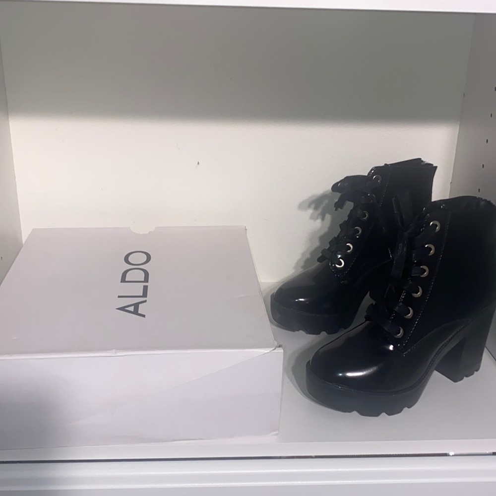 Aldo Black Patent Platform Ankle Boots
